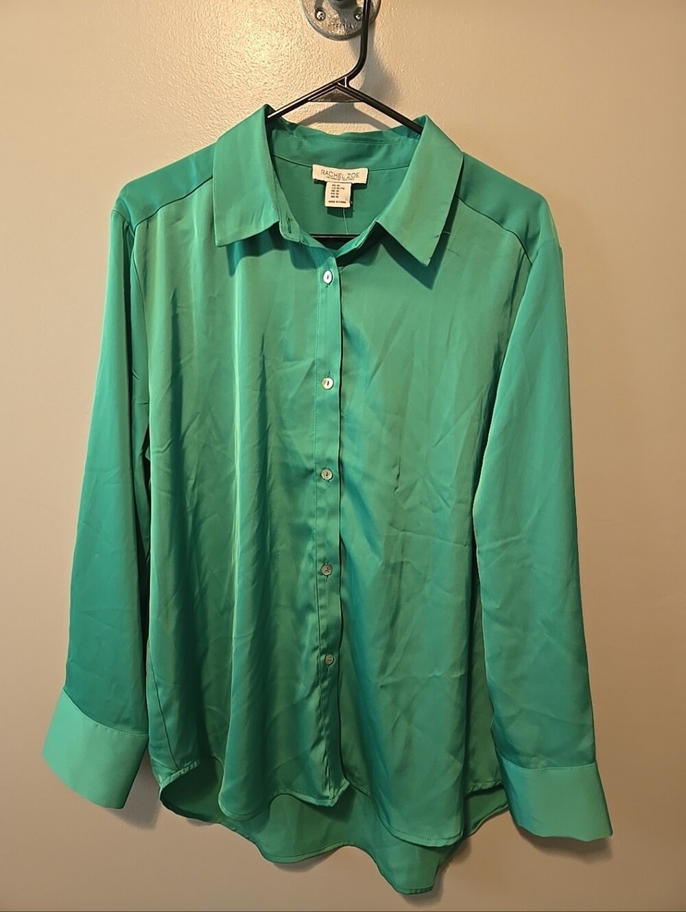 Rachel Zoe Green Teal Button-Down Satin. Blouse  Size XL New!